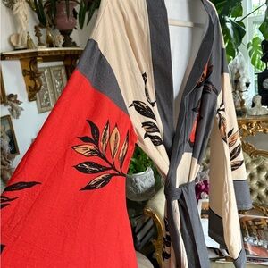 Red/cream Boho Kimono Robe – 100% Heavy Cotton, One Size Fits All